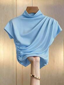 Camiseta blanca de manga corta ajustada con pliegues de unicolor y versátil para mujer - Niebla azul - Ver 4