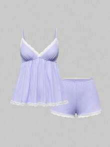 Conjunto de pijama casual de camiseta de tirantes acanalada y shorts con encaje - Púrpura malva - Ver 9