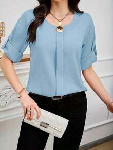 Clasi Blusa casual sencilla para uso diario con cuello redondo, manga corta y botones delanteros para mujer - Azul - Ver 5
