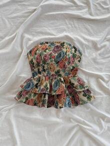 Blusa elegante bohemia y tropical sin tirantes, con hombros abiertos, espalda abierta y bajo con volantes, para mujer, ideal para uso casual, resort, playa, boda, graduación, brunch, Día de San Patricio, vacaciones de primavera, Pascua, festivales - Multicolor 2 - Ver 3