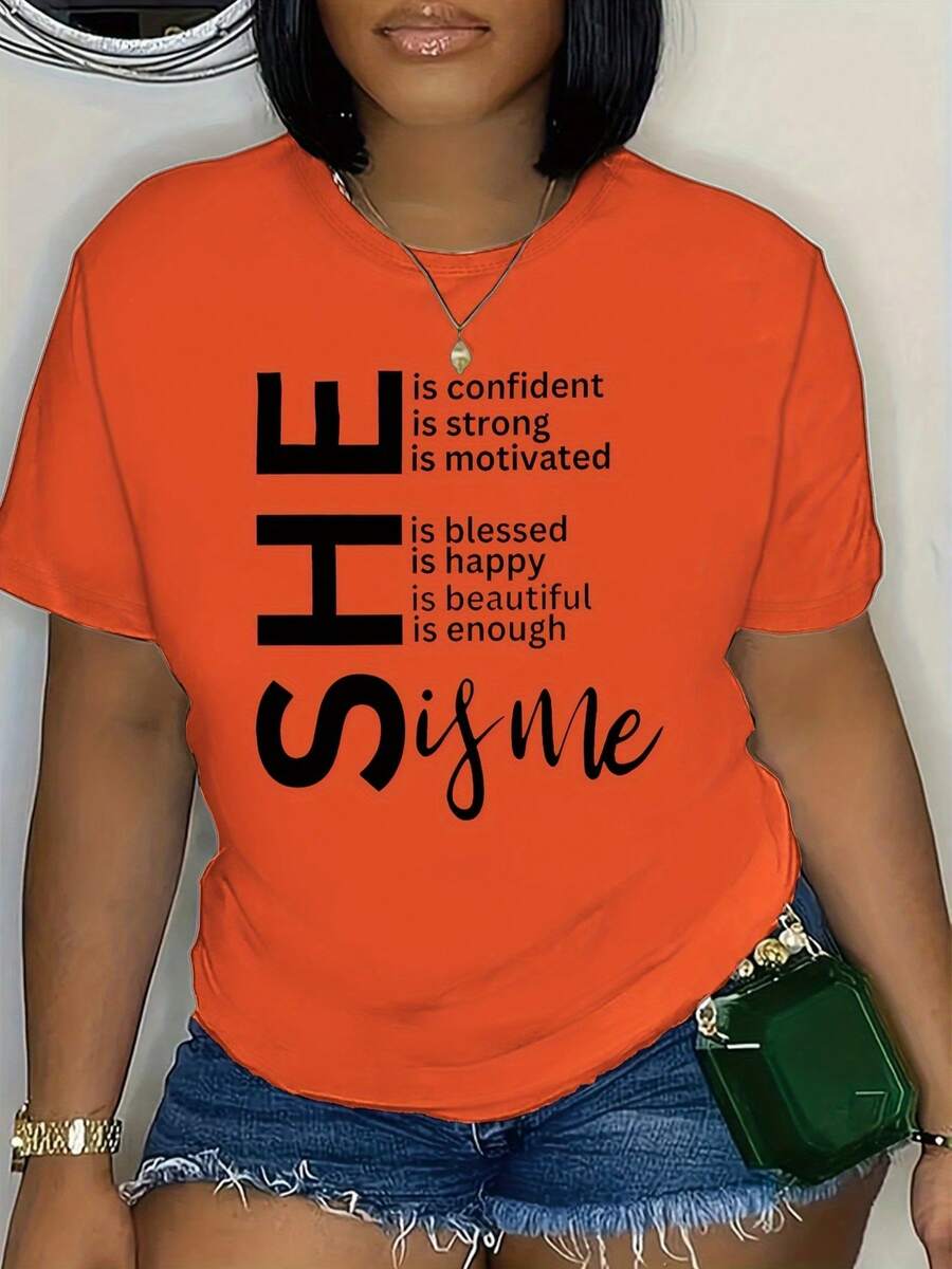 Printed Crew Neck T-Shirt In Plus Size - Orange-red - View 1