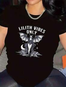 Women's Lilith Design T-Shirt For Home Or Restaurant Use, Durable And Comfortable Graphic Tee, Ideal As A Gift For Birthdays, Easter Or Mother's Day, Casual Black Short-Sleeved Crew Neck T-Shirt For Women. - 黑色 - 查看 7