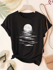 100% Cotton Graphic T-Shirt, Cotton T-Shirts, Plus Sizes, Women's Cotton Short Sleeve T-Shirt With Moon Reflection Print, Casual Round Neck T-Shirt, Soft And Comfortable Everyday Top, Sizes S-XXXL, Graphic T-Shirt In Black, White And Natural For Summer, Loose Basic Blouse For Women, Y2K, Oversized T-Shirt For Men, Summer Tops. - 黑色 - 查看 7