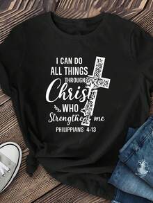 Camiseta de manga corta para mujer, estampado religioso de cruz con frase "Puedo todas las cosas", cuello redondo, top inspirador para las cuatro estaciones, atuendo casual de fiesta, ropa de diario y formal para todas las estaciones - Blanco - Ver 6