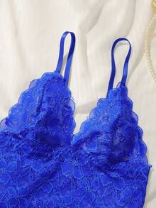1 Set Women's Longline Wireless Lace Embroidered Floral Bra Set - Blue - View 4