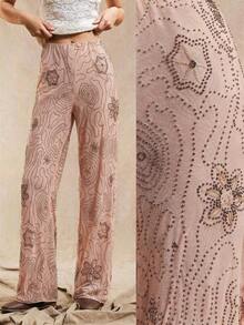 Pantalones rectos holgados de estilo bohemio con patrón de cuentas en color marrón para mujer, de verano - Rosa - Ver 9