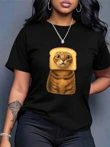 Plus Size Women's T-Shirt With Fun Cat And Toast Face Print - Loose Fit, Casual For Everyday Wear, Lightweight, Breathable And Non-See-Through Fabric, White Summer T-Shirt For Lounging At Home, Casual Sets And Outfits - Machine Washable Women's T-Shirts, Suitable For Spring, Summer And Autumn. - 黑色 - 查看 5