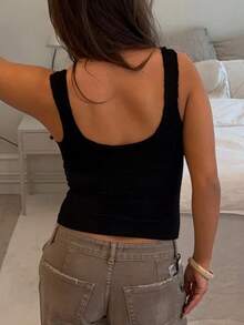 Solid Color Cutout Form Fitting Tank Top For Women Sleeveless V Neck Textured Bodycon Cami - Black - View 6