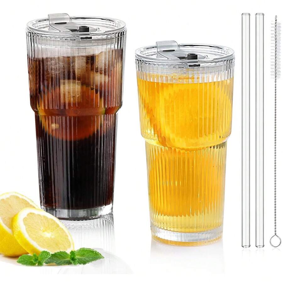 2 PCS Iced Coffee Cup With Lids, 20oz Clear Glass Tumbler With Straw & Lid, Ribbed Glassware Cups, Dishwasher Drinking Glasses, Stylish Glass Cups For Coffee, Juice, Tea, Matcha - 2PCS - 查看 1