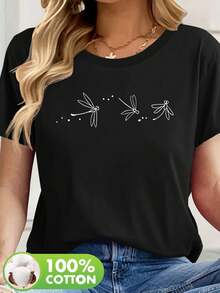 Women's Black Cotton Casual T-Shirt - White Butterfly And Dragonfly Print, Soft And Breathable, Loose Round Neck, Short Sleeve, Machine Washable, Suitable For Spring And Summer Outdoor Sports And Daily Wear, Comfortable Fabric Printed T-Shirt, Casual Clothing. - 黑色 - 查看 1