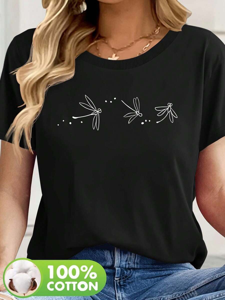 Women's Black Cotton Casual T-Shirt - White Butterfly And Dragonfly Print, Soft And Breathable, Loose Round Neck, Short Sleeve, Machine Washable, Suitable For Spring And Summer Outdoor Sports And Daily Wear, Comfortable Fabric Printed T-Shirt, Casual Clothing. - 黑色 - 查看 1