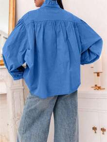 Nueva blusa elegante con diseño de volantes/volantes de tela arrugada, elegante y versátil para citas, hogar, viajes, todas las estaciones - Azul oscuro - Ver 2