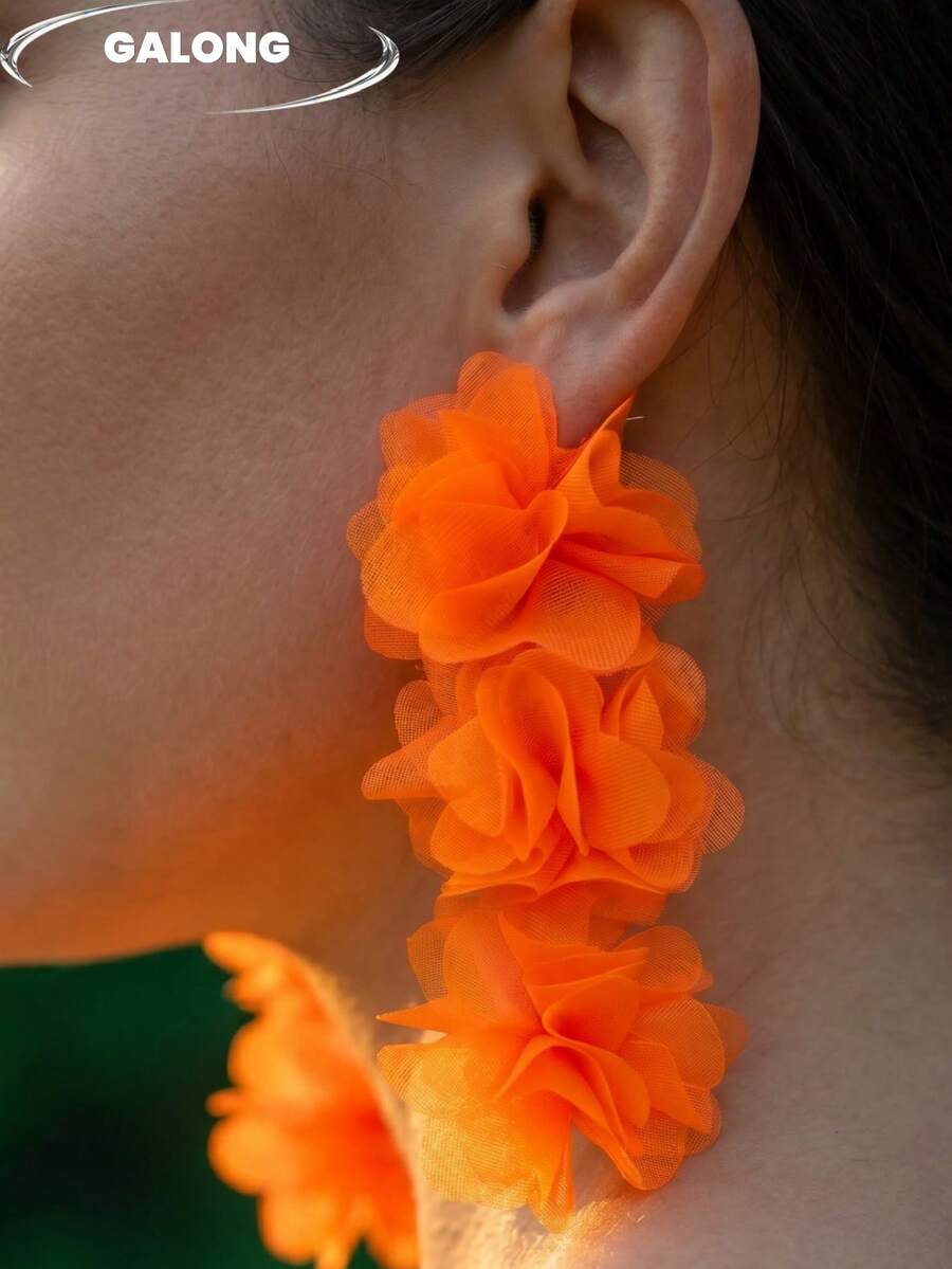 Bohemian Orange Mesh Flower Long Earrings, Lightweight Chiffon Eardrops, Retro Personalized Earrings