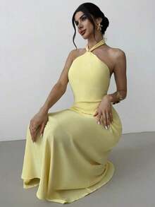 Vestido largo suelto sin mangas y sin espalda, elegante para vacaciones y fiestas, romántico y de moda para el verano, la playa - Amarillo claro - Ver 5