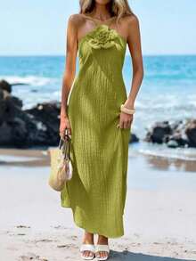 YHHSylviya Vestido maxi con abertura y estampado floral 3D en escote halter, vestido de verano de color amarillo mantequilla para mujer, atuendos de verano, atuendos de vacaciones, atuendos de playa, vestidos de graduación, ropa de verano, vestidos de vacaciones, vestidos de playa, ropa de vacaciones, estilo bohemio, atuendos para salir, vacacionesYHH - Verde - Ver 12