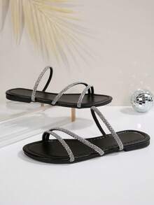 French Square Toe Rhinestone Embellished Elegant Lady Flat Sandals, Vacations, Suitable For Dates, Shopping, Commuting, Business, Parties, Fashionable - Black - View 5