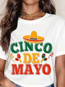 Women's Vintage T-Shirt With Cinco De Mayo Party Hat And Maracas Print, Casual, Crew Neck, Short Sleeve, Perfect As A Birthday Gift, Suitable For All Seasons, Graphic Tee For Everyday Outdoor Wear - 白色 - 查看 1