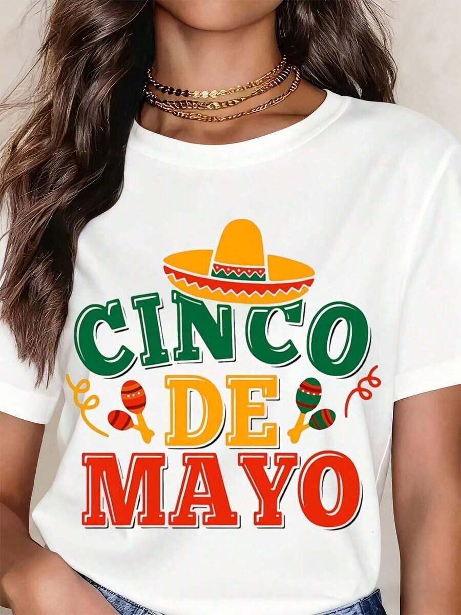 Women's Vintage T-Shirt With Cinco De Mayo Party Hat And Maracas Print, Casual, Crew Neck, Short Sleeve, Perfect As A Birthday Gift, Suitable For All Seasons, Graphic Tee For Everyday Outdoor Wear - 白色 - 查看 1