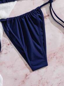 Bộ bikini nữ gợi cảm màu trơn cổ yếm đi biển, bộ bikini gợi cảm màu trơn, áo cổ yếm buộc sau lưng và quần buộc hai bên cho mùa hè - Xanh đậm - Xem 5