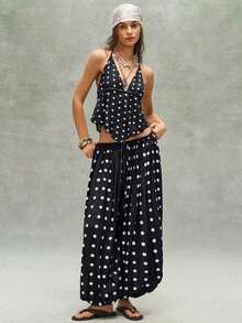 Pantalones sueltos de mujer con cordón y estampado de lunares tejido informal - Blanco y Negro - Ver 6