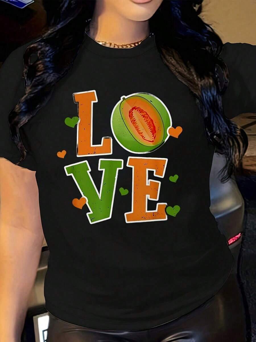 Camiseta Blanca con Estampado de Amor para Mujer - Cuello Redondo, Manga Corta, Estampado de Melón, Camiseta Casual Adecuado como regalo. playera de mujer. blusas>elegantes. boho chic,Top de mujer suave, transpirable y cómodo, ideal para primavera, verano y otoño, perfecto para vacaciones, viajes y uso diario. - Negro - Ver 1