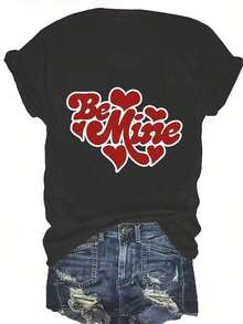 Camiseta de Talla Grande para Mujer con Estampado de Corazón 'Be Mine' para el Día de San Valentín - Corte Relajado, Cuello Redondo, Manga Corta, Suave, Adecuada para Mujeres, Uso Diario Casual y Regalo de Cumpleaños - Estilo - Ver 1