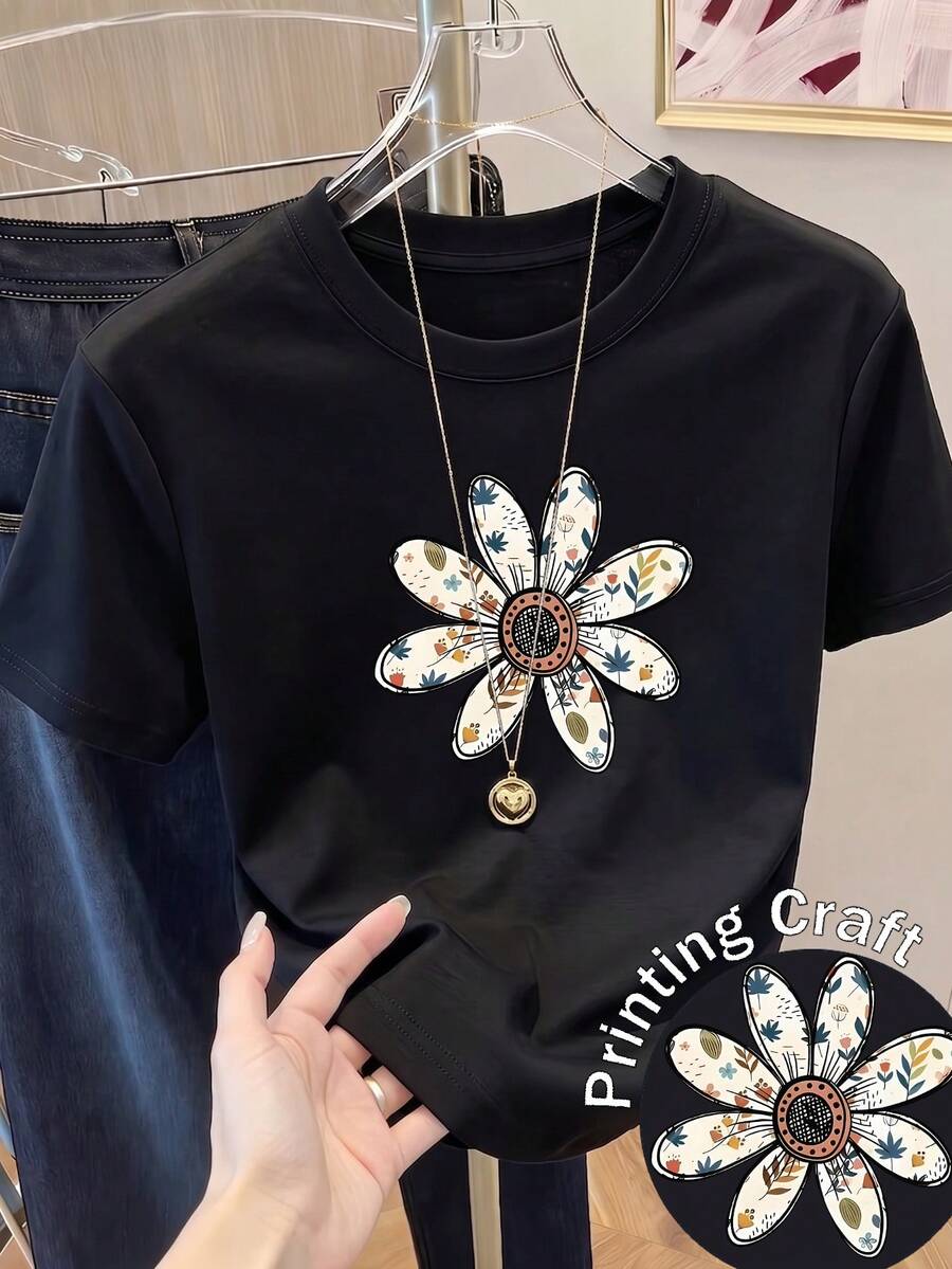 Camiseta de manga corta con estampado para mujer, ropa de primavera, atuendo para festividades, blanca para verano, look playero, estilo vacacional, estilo rural, atuendo de oficina para mujer. - Negro - Ver 1