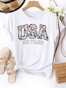 Plus Size Women's Casual Short Sleeve Crew Neck T-Shirt - Designed For American Floral's 250th Anniversary, Stretchy And Breathable Fabric Suitable For Spring And Summer, Women's Top, Comfortable Fit, Commemorative T-Shirt For American Floral's 250th Anniversary. - 白色 - 查看 6