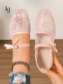 Giày bệt nữ, thoáng khí, chống trơn, đế mềm, chất liệu ren lưới, đính sequin, thêu hoa và nơ, màu trơn, mũi vuông, kiểu Mary Jane, phong cách cổ tích Âu Mỹ, thích hợp cho học sinh xuân/hè, đi làm, hẹn hò, mua sắm, mặc hàng ngày, màu hồng. - Hồng - Xem 2