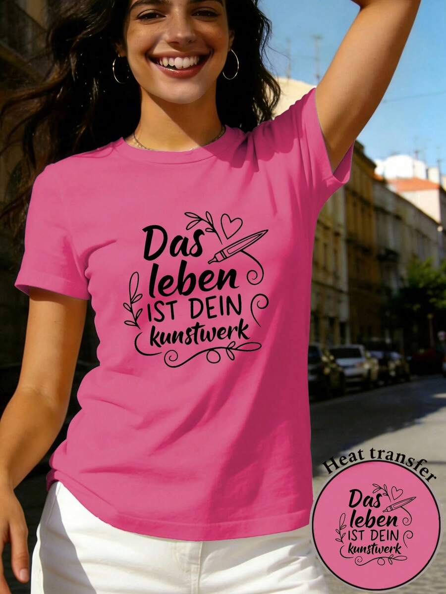 Camiseta de manga corta para mujer, corte regular - Diseño artístico creativo con dibujo geométrico 2D que combina texto y patrones en forma de corazón, top casual de manga corta y cuello redondo adecuado para todas las estaciones, disponible en varios colores y tallas, moda de vacaciones, estética retro, material transpirable, estampados divertidos. 6UGJ - Rosa Fucsia - Ver 1