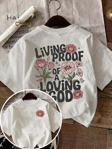 Camiseta con estampado floral para mujer "Vivo testimonio de un Dios amoroso", camiseta de fe de manga corta con cuello redondo y corte holgado, top cristiano con flores más vendido, camiseta para mujer para reuniones de amigos y familiares, vacaciones, transpirable y cómoda para mujeres. - Blanco - Ver 2