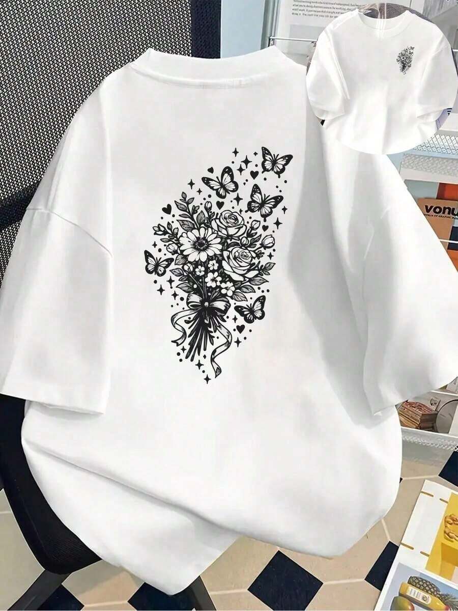 Camiseta de manga corta estampada con diseños florales y de mariposas - Camiseta estampada de primavera/verano para mujer, ¡tu mejor elección! Transpirable y cómoda. - Blanco - Ver 1