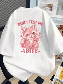 Camiseta de manga corta estampada con diseños en la parte delantera y trasera - "No te metas conmigo, te morderé" - Camiseta estampada de primavera/verano para mujer, ¡tu mejor elección! Transpirable y cómoda. - Blanco - Ver 2
