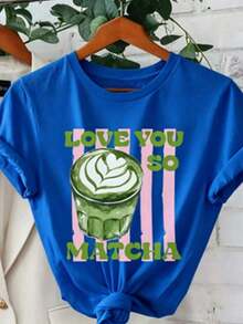 New Casual Summer T-Shirt With Graphic Print "Love You So Much Matcha", Short Sleeve, Crew Neck, Casual Style, Suitable For Summer And Spring, Loose Fit Cotton Short Sleeve Crew Neck T-Shirt, Unisex Urban Vintage Style For Women. - 藍色的 - 查看 6