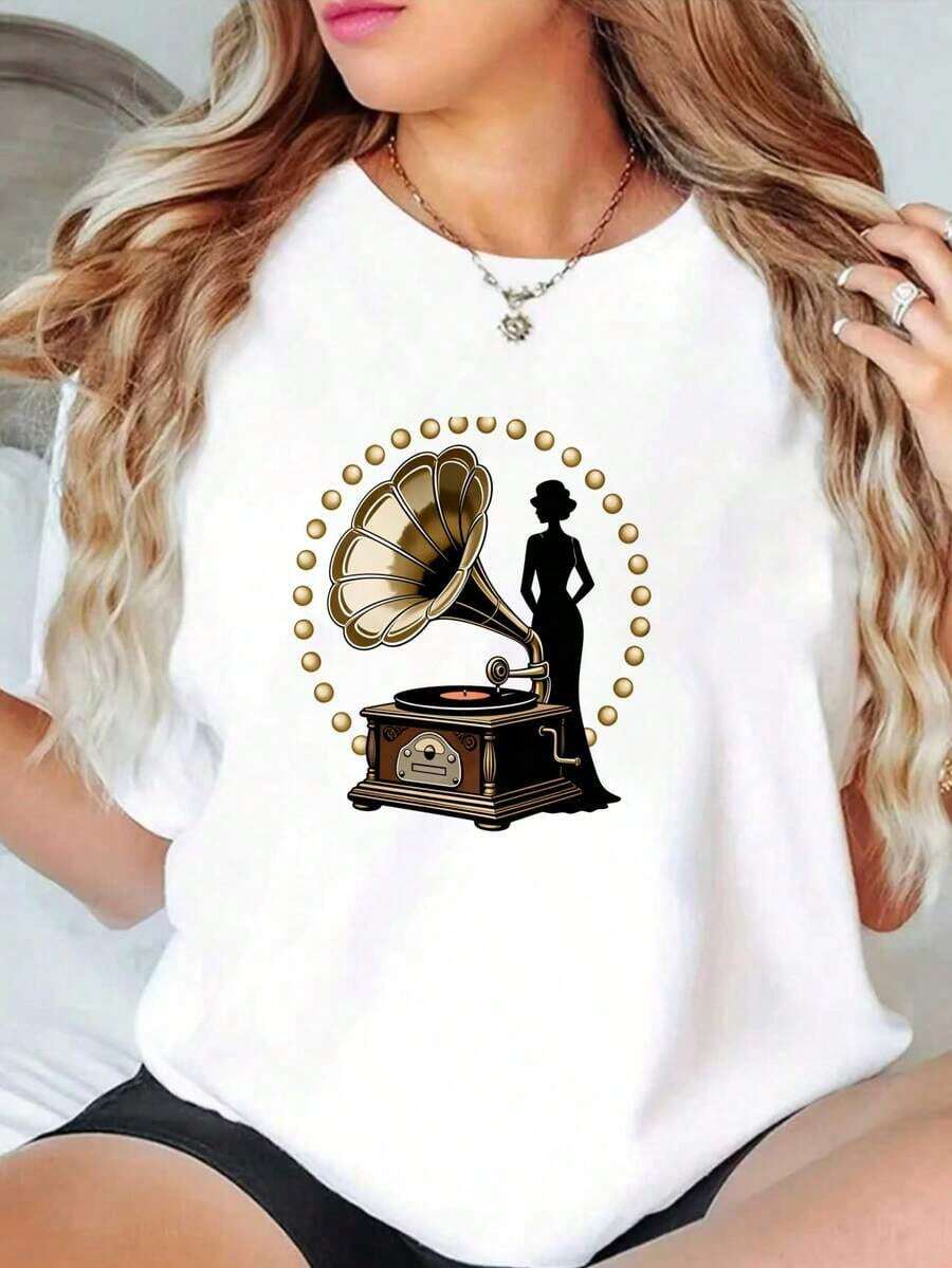 Loose% Cotton Vintage Gramophone And Women's White Short-Sleeve-Shirt, Regular Fit, Suitable Wedding Parties, Uniforms, And Corporate Events. Personalized-Shirt All-Season Wear. Softstyle Casual Tee Short Sleeve Party Casual WearBasic Crew Neck Cotton T-shirt for Women - Blanco - Ver 1