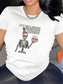 Camiseta de manga corta ligera y duradera, diseñada para las festividades de Halloween, con un motivo de esqueleto. Ideal para decoración del hogar, eventos sociales y salidas informales, lo que la convierte en un excelente regalo de cumpleaños. - Negro - Ver 6