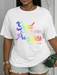 Camiseta de manga corta con cuello redondo y estampado - El tema del diseño es "Dios cumple sus promesas" (Salmo 105:8).Este elegante top presenta un diseño casual de cuello redondo y está confeccionado con un tejido suave y elástico.Lavable a máquina y adecuada para todas las estaciones, proporcionando una experiencia de uso cómoda. Camiseta de verano fresca para mujer. - Blanco - Ver 6