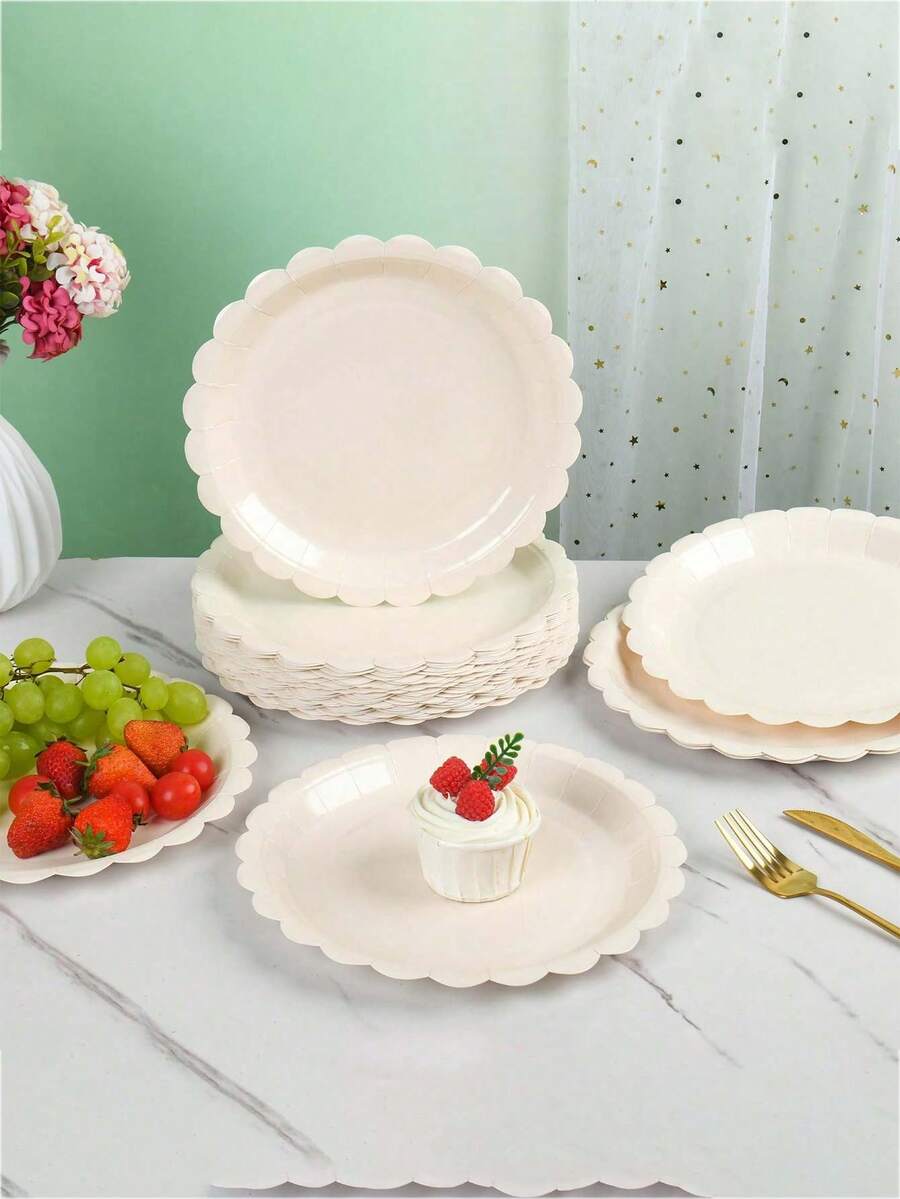 Bộ 10/20/40 chiếc đĩa giấy màu be có viền lượn sóng, kích thước 9 inch và 7 inch, đĩa dùng một lần/đĩa tráng miệng, thích hợp cho đám cưới, tiệc cô dâu, tiệc tiết lộ giới tính, tiệc sinh nhật, các bữa tiệc, v.v. - Nhiều màu - Xem 1