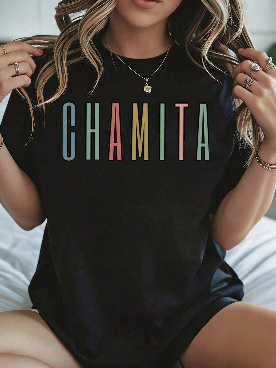 Elegante y casual para mujer, manga corta, camiseta Chamita, estampado de letras coloridas para el festival de verano, ropa casual blanca para mujer en verano. - Negro - Ver 1