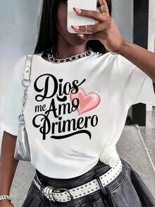 Nuevas llegadas para el verano. Blusa de manga corta para mujer con estampado de corazón rosa y cuello redondo, estilo casual, para primavera-verano > Hermosa. - Blanco - Ver 1