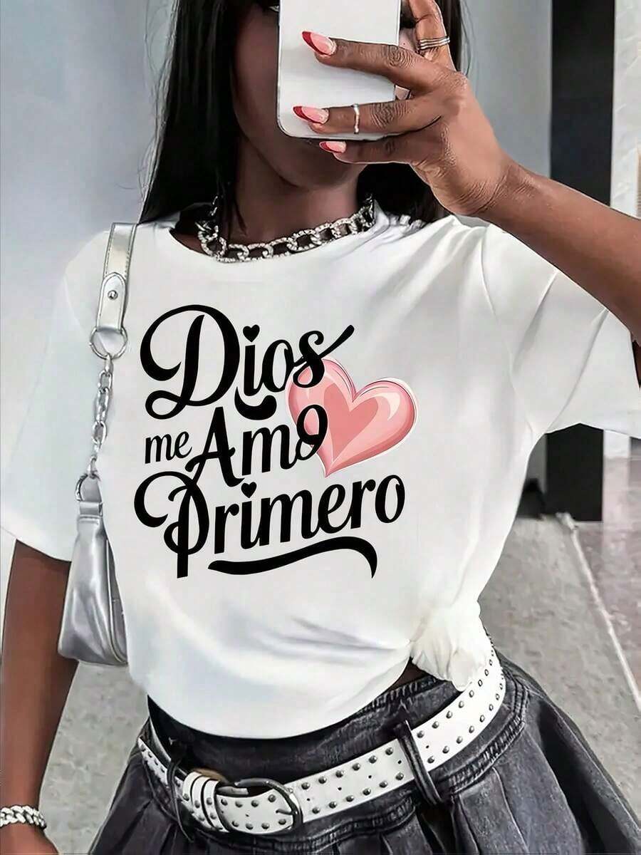 Nuevas llegadas para el verano. Blusa de manga corta para mujer con estampado de corazón rosa y cuello redondo, estilo casual, para primavera-verano > Hermosa. - Blanco - Ver 1