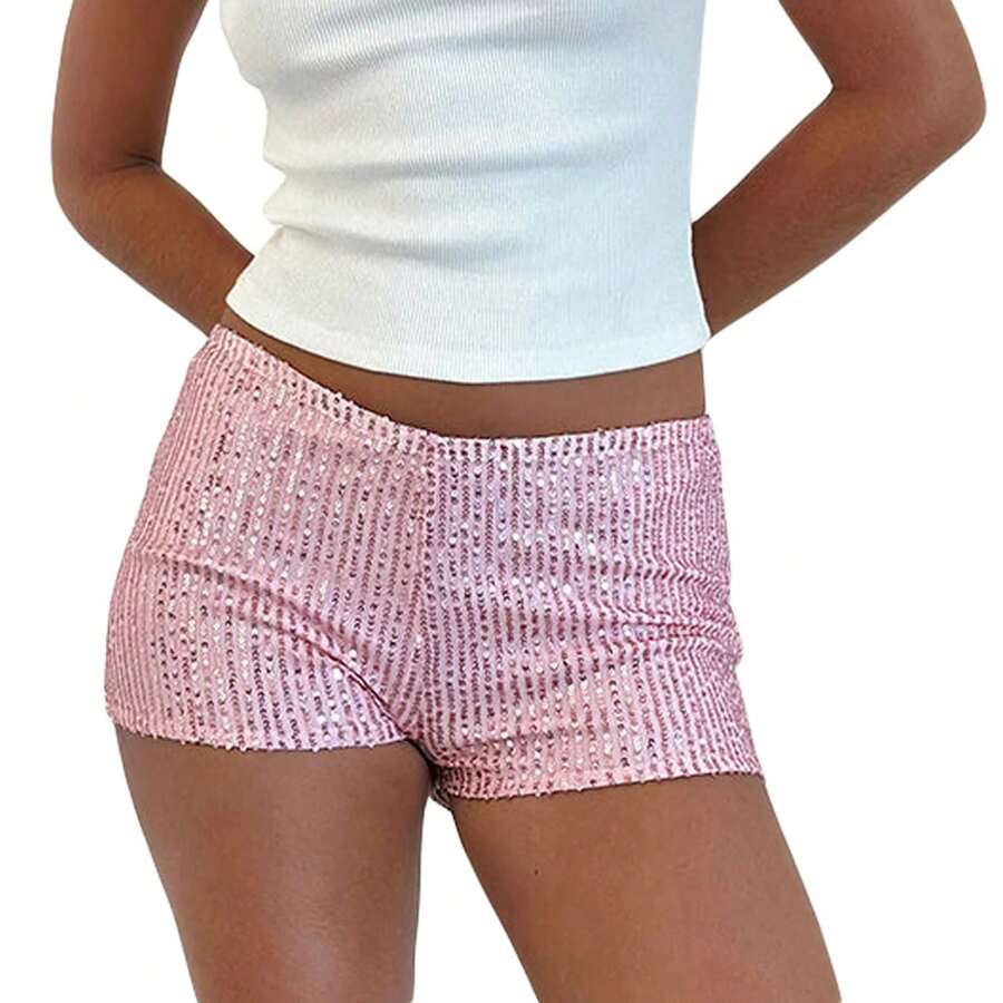Pantalones cortos de lentejuelas para mujer, pantalones cortos con cintura elástica de tiro bajo de verano, ropa informal caliente - Rosa - Ver 1