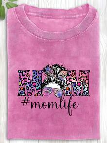 1 Piece Of Fashionable Leopard Print Washed Cotton T-Shirt For Mothers, High Quality Batik Cotton Vintage Fashion Brand T-Shirt, Women's T-Shirt, Popular For Daily Wear, Holiday Gift, Perfect Gift, 180g 100% Cotton. - 黑色 - 查看 7