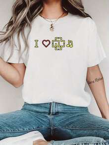 Camiseta Blanca Casual para Mujer con Estampado de Corazón Rojo y Nota Musical, Manga Corta y Cuello Redondo para Primavera/Verano, Camisetas para Damas - Blanco - Ver 7