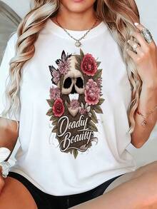 Impresionante camiseta de verano para mujer de talla grande con estampado floral de calaveras, estilo gótico vintage, manga corta holgada, ligeramente elástica, casual y cómoda. - Blanco - Ver 7