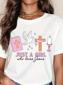 Casual White T Shirt Just A Girl Who Loves Jesus Bible Dove Cross Candle Christian Faith Design For Easter And ChristmasFashion - Blanco - Ver 1
