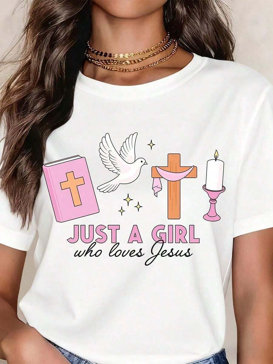Casual White T Shirt Just A Girl Who Loves Jesus Bible Dove Cross Candle Christian Faith Design For Easter And ChristmasFashion - Blanco - Ver 1