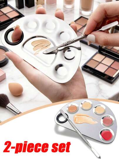 Bộ 2 khay trang điểm bằng thép không gỉ, có lỗ thoát hơi, dụng cụ gạt hai đầu, khay trộn mỹ phẩm vệ sinh dùng cho kem nền và che khuyết điểm, khay trang điểm tái sử dụng phù hợp cho salon và sử dụng tại nhà, khay đựng kem nền dạng lỏng, khay trang điểm, thích hợp để trộn nhiều loại mỹ phẩm dạng kem lỏng, dùng để chỉnh sửa trang điểm hàng ngày, trang điểm dịp đặc biệt, phụ kiện trang điểm, dụng cụ trang điểm (2/1 món)