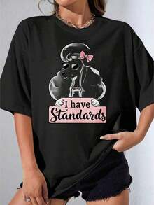 Camisetas de Mujer, Manga Corta Casual para Fiesta, Camiseta de Cuello Redondo con Estampado de Caniche Blanco con Gafas de Sol y Lazo Rosa Sosteniendo un Cartel de "Tengo Estándares", Uso Casual Diario, 180g - Negro - Ver 7