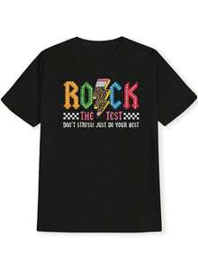 Women's Black Graphic T-Shirt "Rock The Test" - Colorful Neon Letter Print, Casual Short Sleeve T-Shirt For Spring And Summer, Lightweight Polyester Blend, Perfect For Casual Outfits. - 黑色 - 查看 4